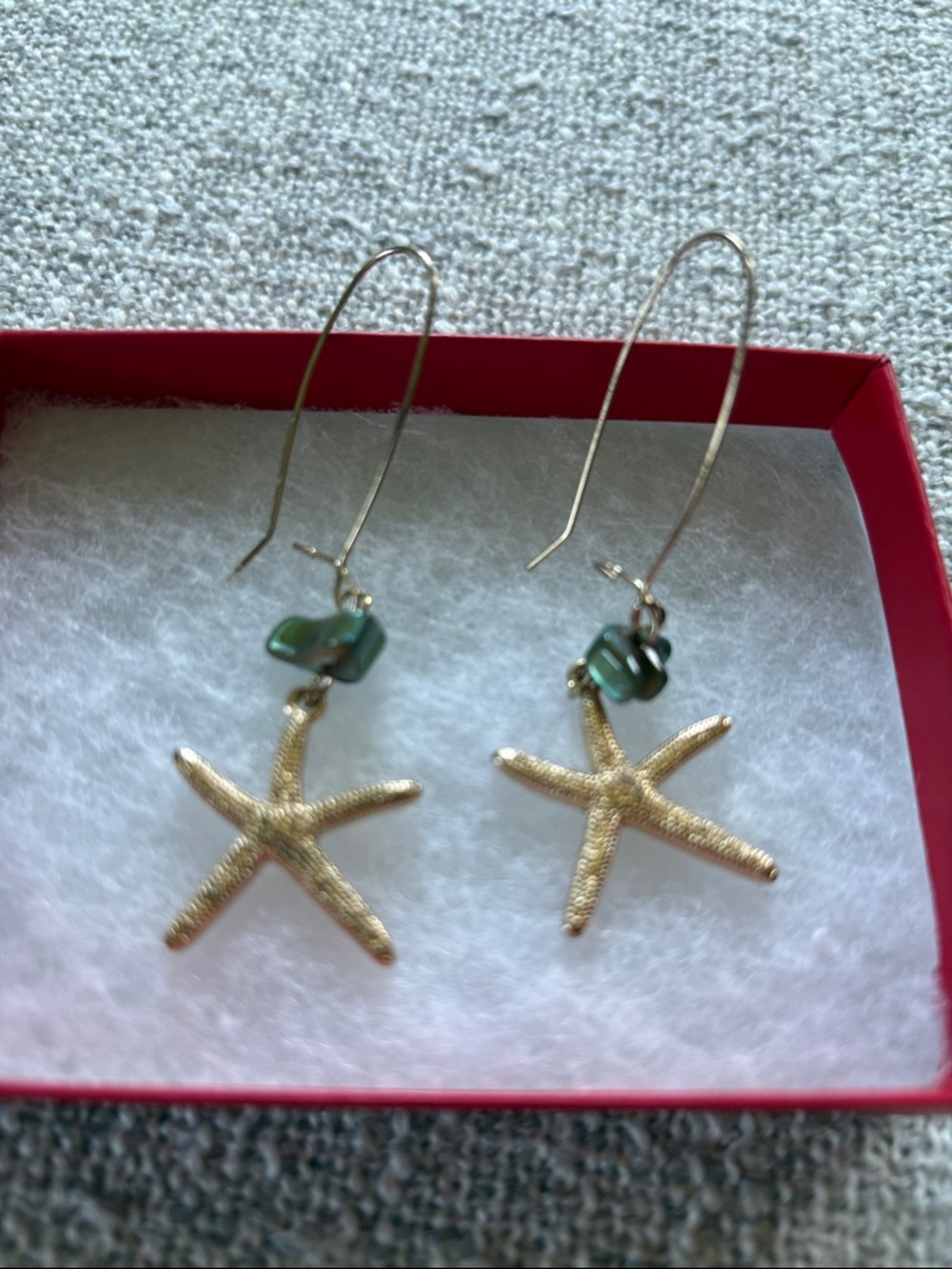 Gold Starfish Drop Earrings with Green Bead